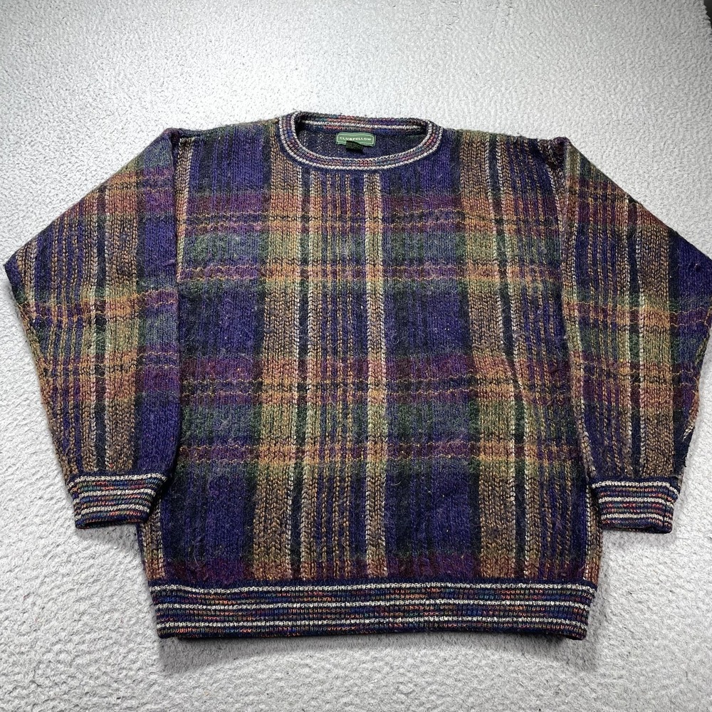 Vintage Clubfellow Sweater Mens Large T Multicolor Plaid Knit‎ Crewneck Pullover